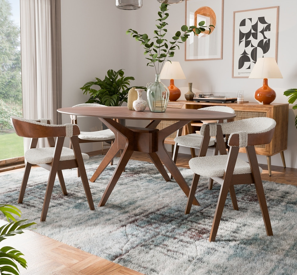 Ebikon Mid-Century Modern Dining Set in Walnut & Beige Boucle