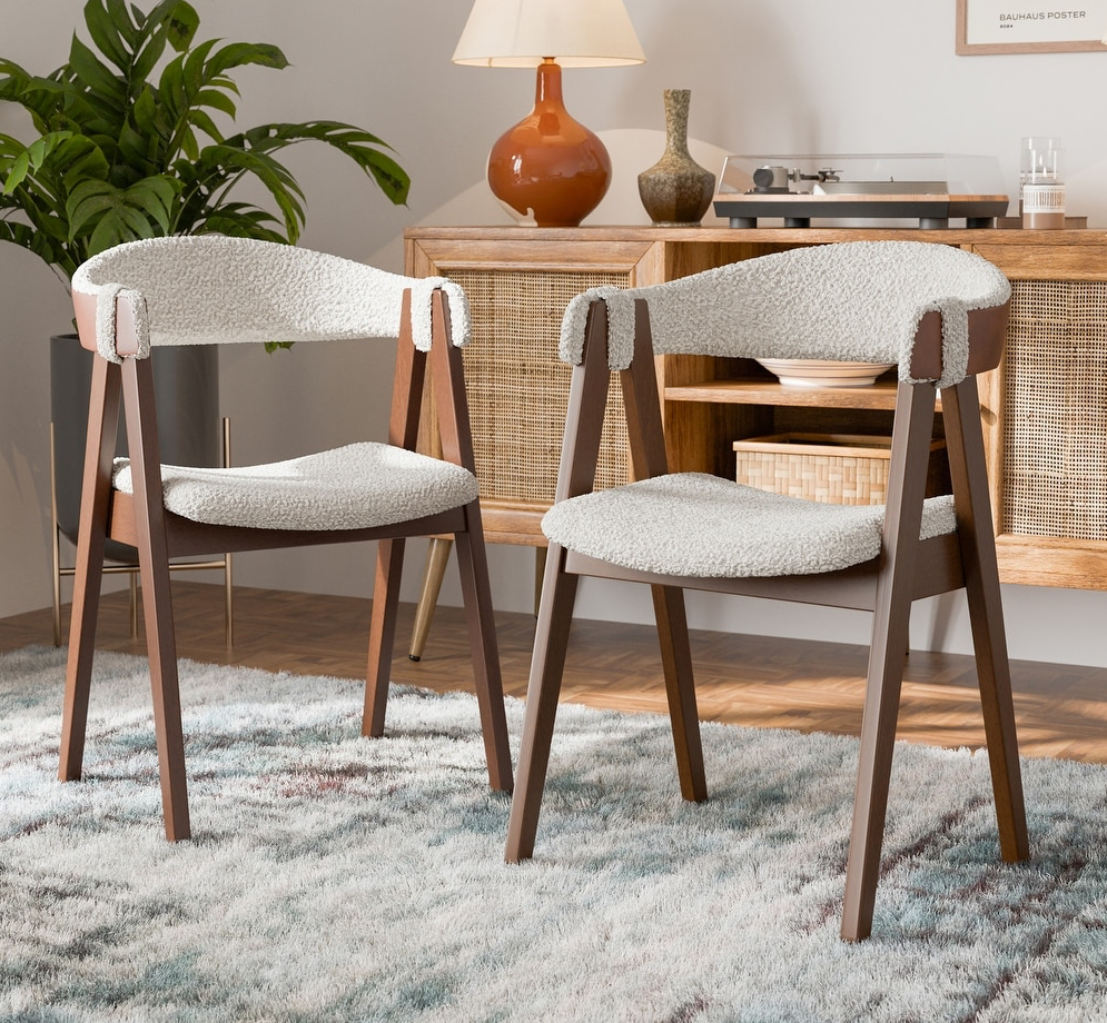 Ebikon Mid-Century Modern Dining Set in Walnut & Beige Boucle