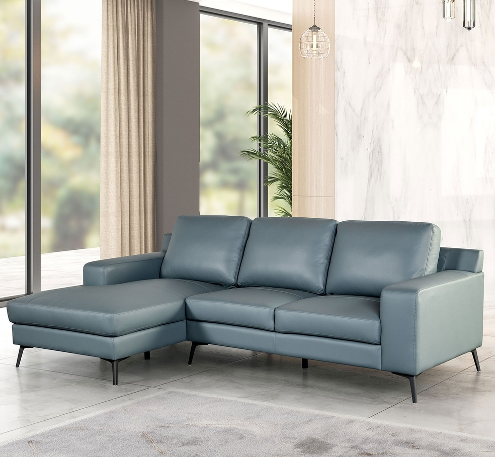 Stordal Contemporary Leather Sectional with Angled Legs - Blue