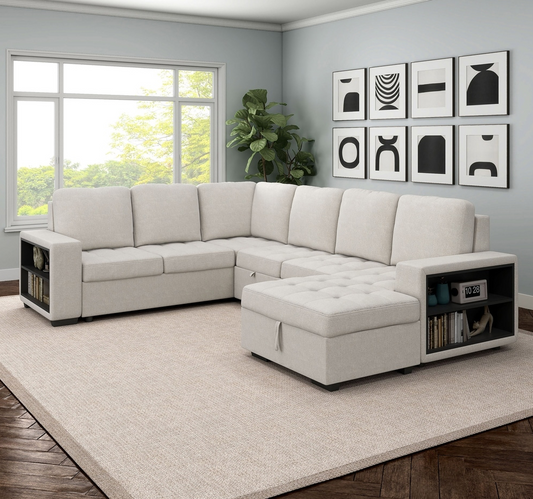 Stockwell Modern Biscuit Tufted Seat Sleeper Sofa Sectional with Storage Shelves and USB Ports