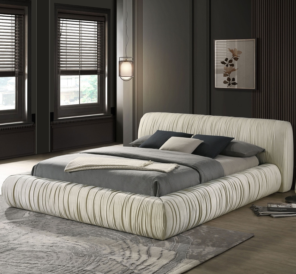 Palmdale Contemporary Pleated Platform Bed, Ivory