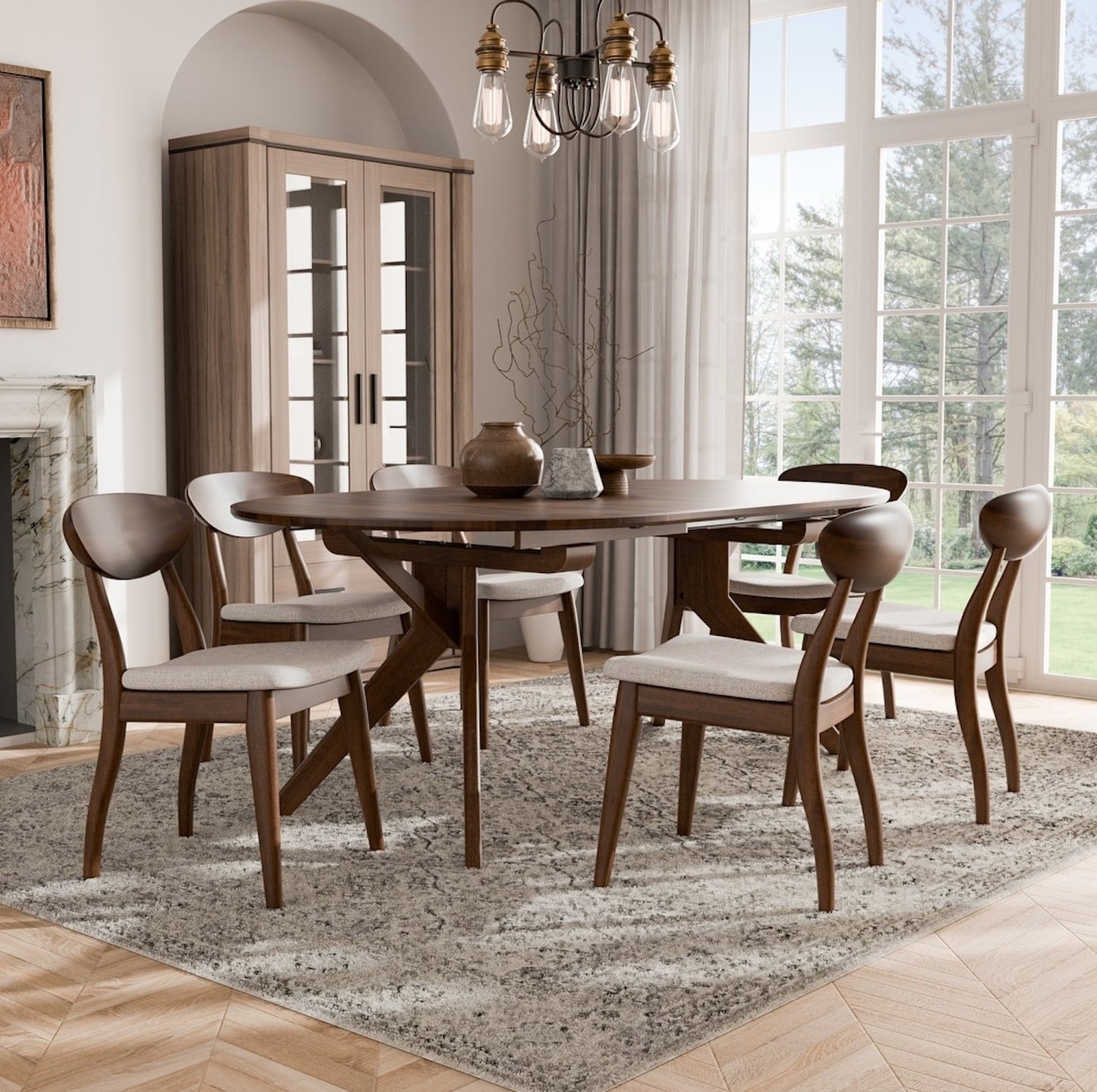 Hammel 7-Piece Oval Mid-Century Modern Dining Set in Rich Walnut