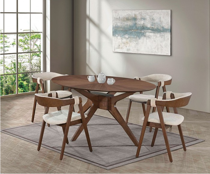 Ebikon Mid-Century Modern Dining Set in Walnut & Beige Boucle