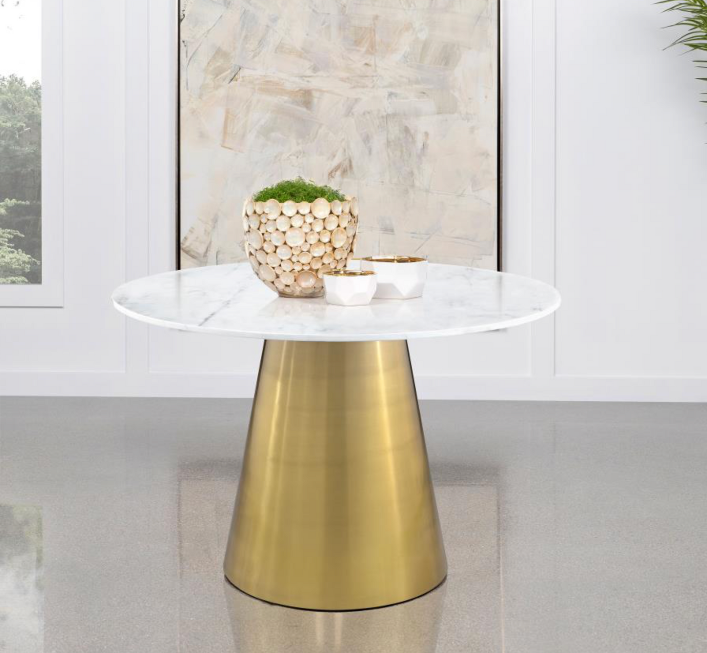 Ambrose Round Dining Table Genuine Marble With Stainless Steel White And Gold