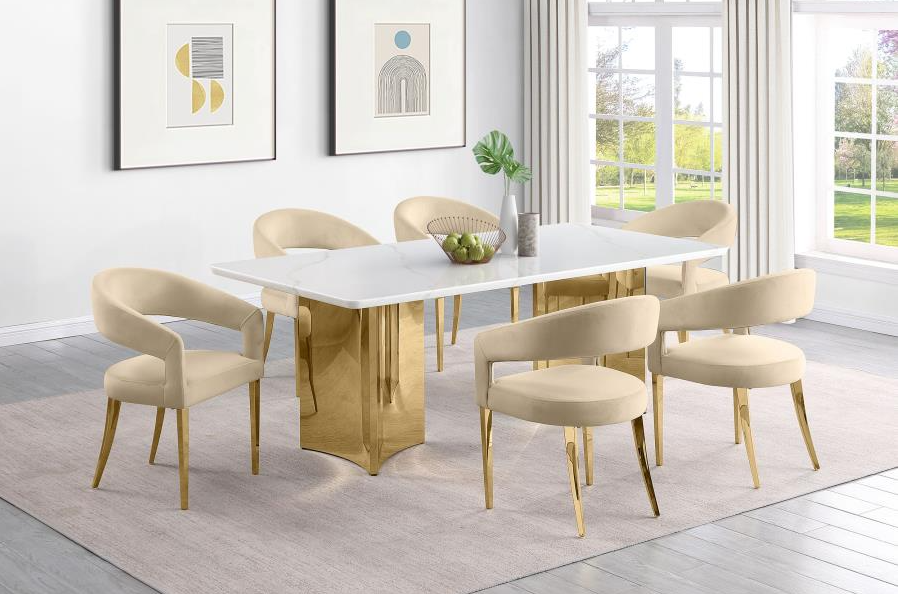 Telvin Modern 7-Piece 79" Engineered Marble Dining Set with Gold Base