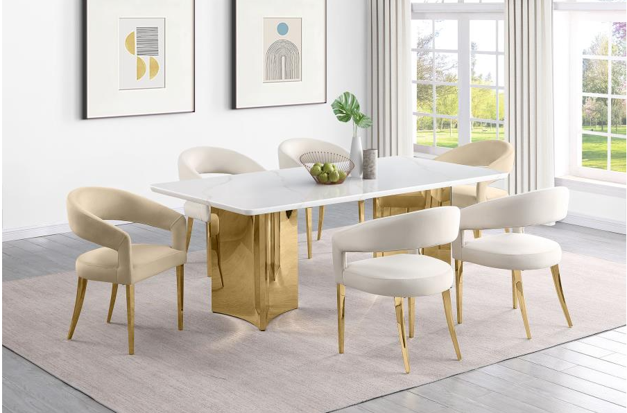 Telvin Modern 7-Piece 79" Engineered Marble Dining Set with Gold Base