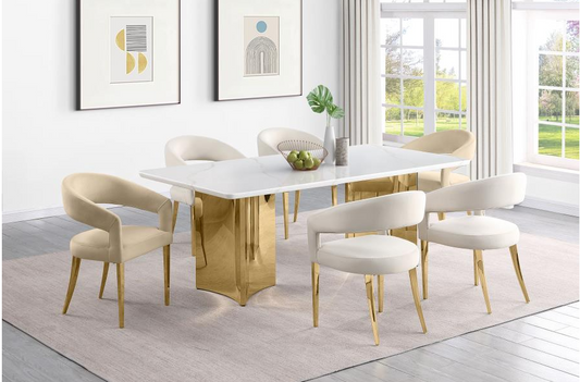 Telvin Modern 7-Piece 79" Engineered Marble Dining Set with Gold Base