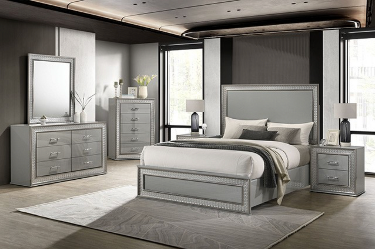 Cassiopeia II King Glam Bedroom Collection, Metallic Gray