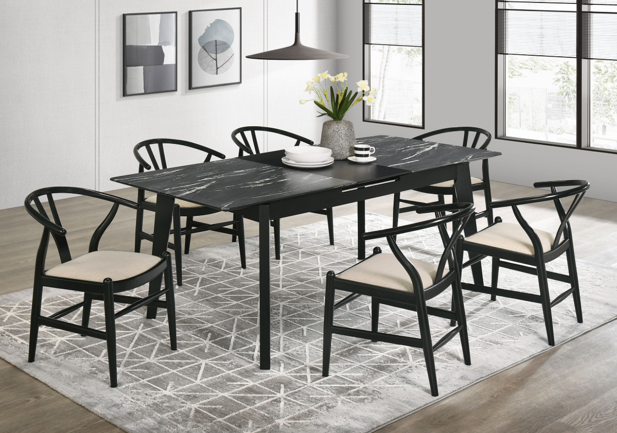 Crestmont Rectangular 7PC Dining Set With Faux Marble Top And 16″ Self-Storing Extension Leaf Grey