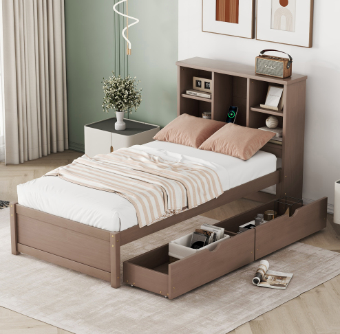 Emberly Modern Twin Size Bed Platform Bed with Bookcase Headboard & Trundle