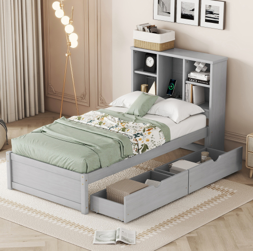 Emberly Modern Twin Size Bed Platform Bed with Bookcase Headboard & Trundle