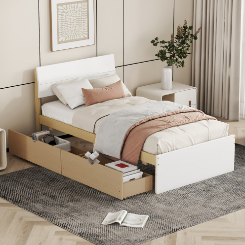 Juniper Modern Twin Bed Frame For White High Gloss Headboard and Footboard With Light Oak Trundle