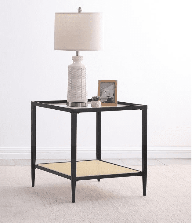 Amherst Glass Top Metal with Cane Shelf Side Table