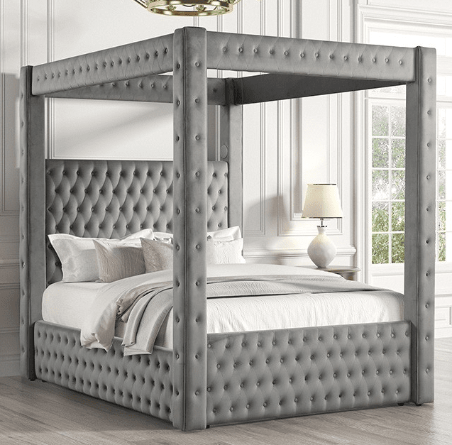 Etherea Transitional Gray Velvet Canopy Bed