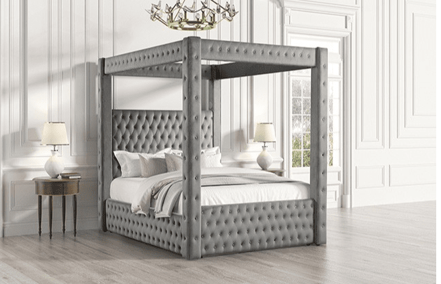 Etherea Transitional Gray Velvet Canopy Bed