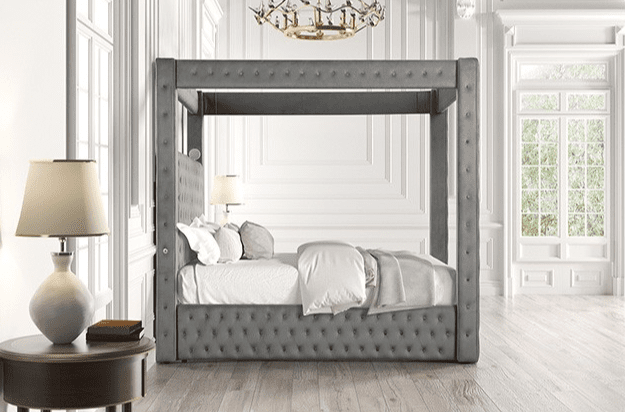 Etherea Transitional Gray Velvet Canopy Bed