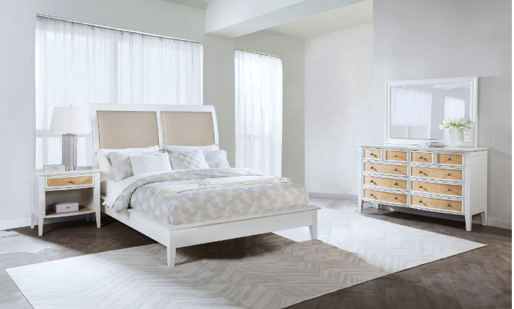 Bexhill Modern King Bedroom Collection in White & Rattan