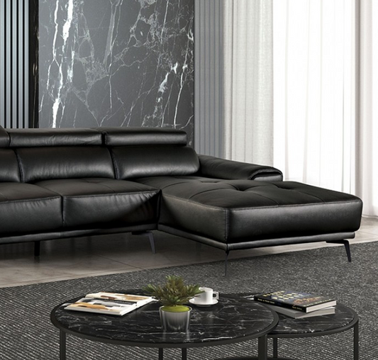 Vadso Modern Leather Sectional with Track Arms & Adjustable Head Rest - Black