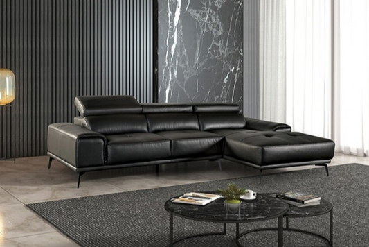 Vadso Modern Leather Sectional with Track Arms & Adjustable Head Rest - Black