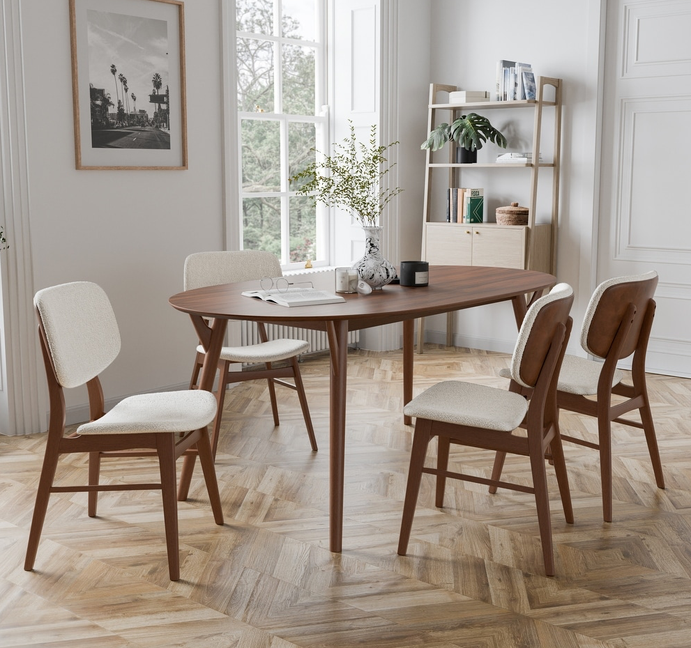 Uzwil Mid-Century Modern 5-Piece Dining Set in Walnut with Boucle Chairs