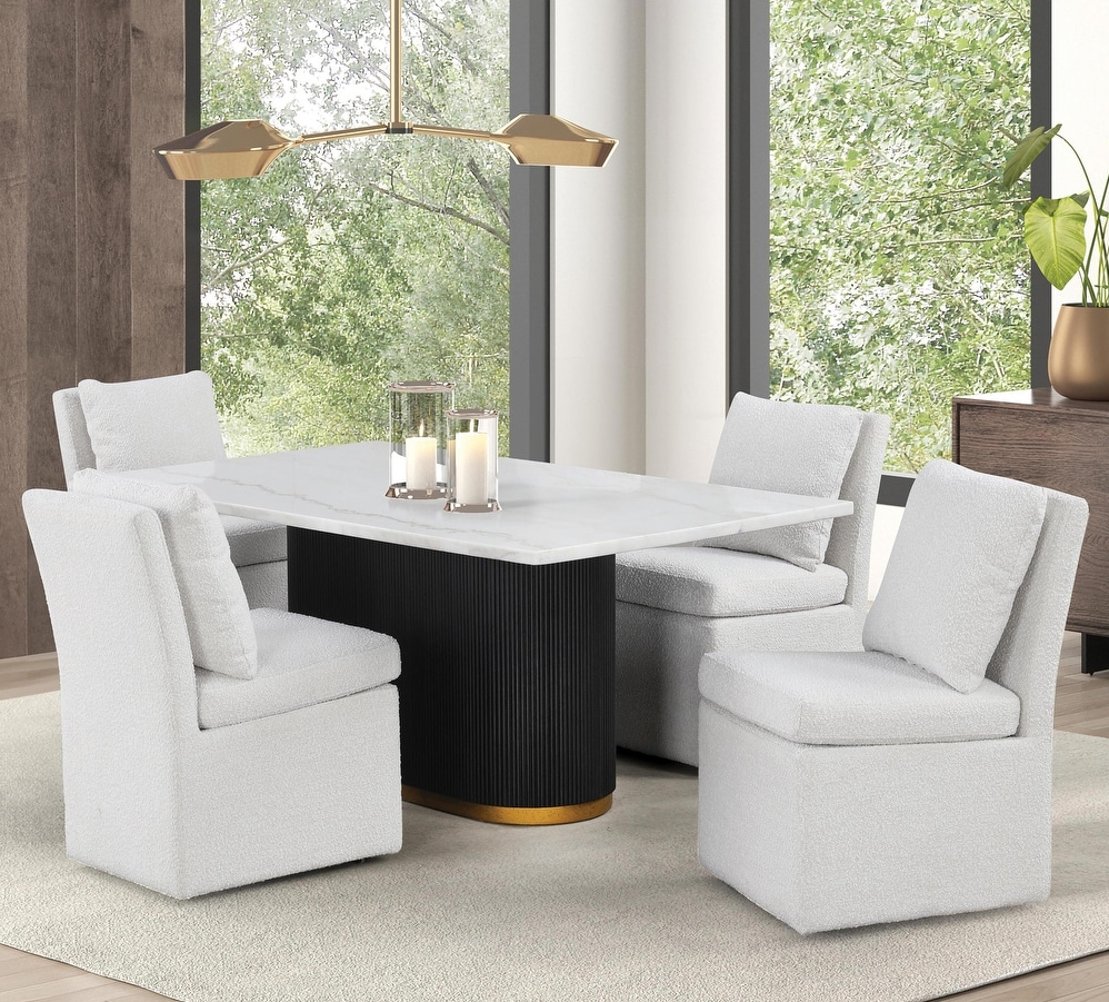 Morges Contemporary 5-Piece Marble Top Dining Set with White Boucle Chairs