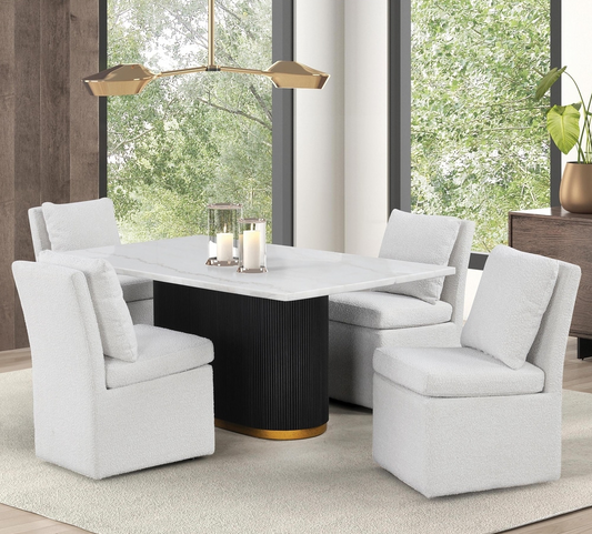 Morges Contemporary 5-Piece Marble Top Dining Set with White Boucle Chairs