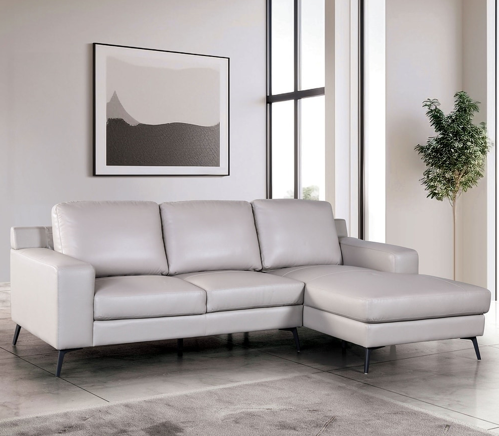 Stordal Contemporary Leather Sectional with Angled Legs - Light Gray