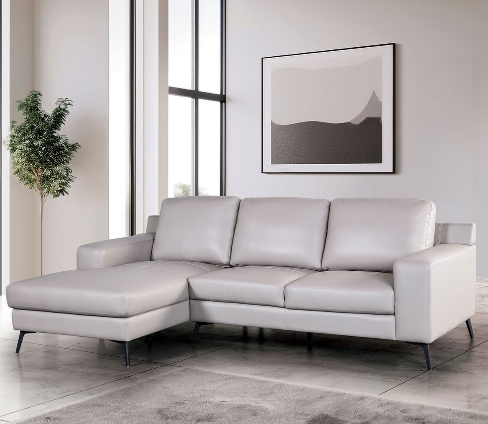 Stordal Contemporary Leather Sectional with Angled Legs - Light Gray