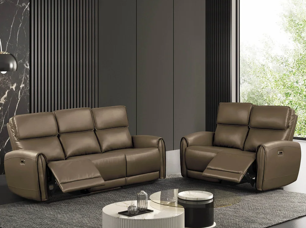 Schlieren Leatherette Power Sofa with Contoured Arms, Light Brown