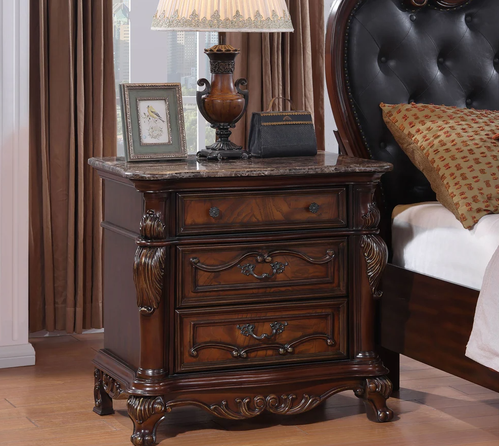 Ventresca Traditional 3-Drawer Nightstand with Sintered Stone Top in Dark Cherry