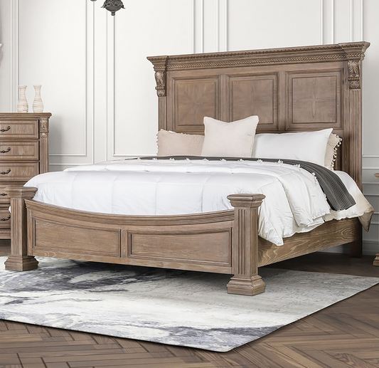 Seven Oaks Transitional Wooden Queen Bed with Dentil Molding, Weathered Oak