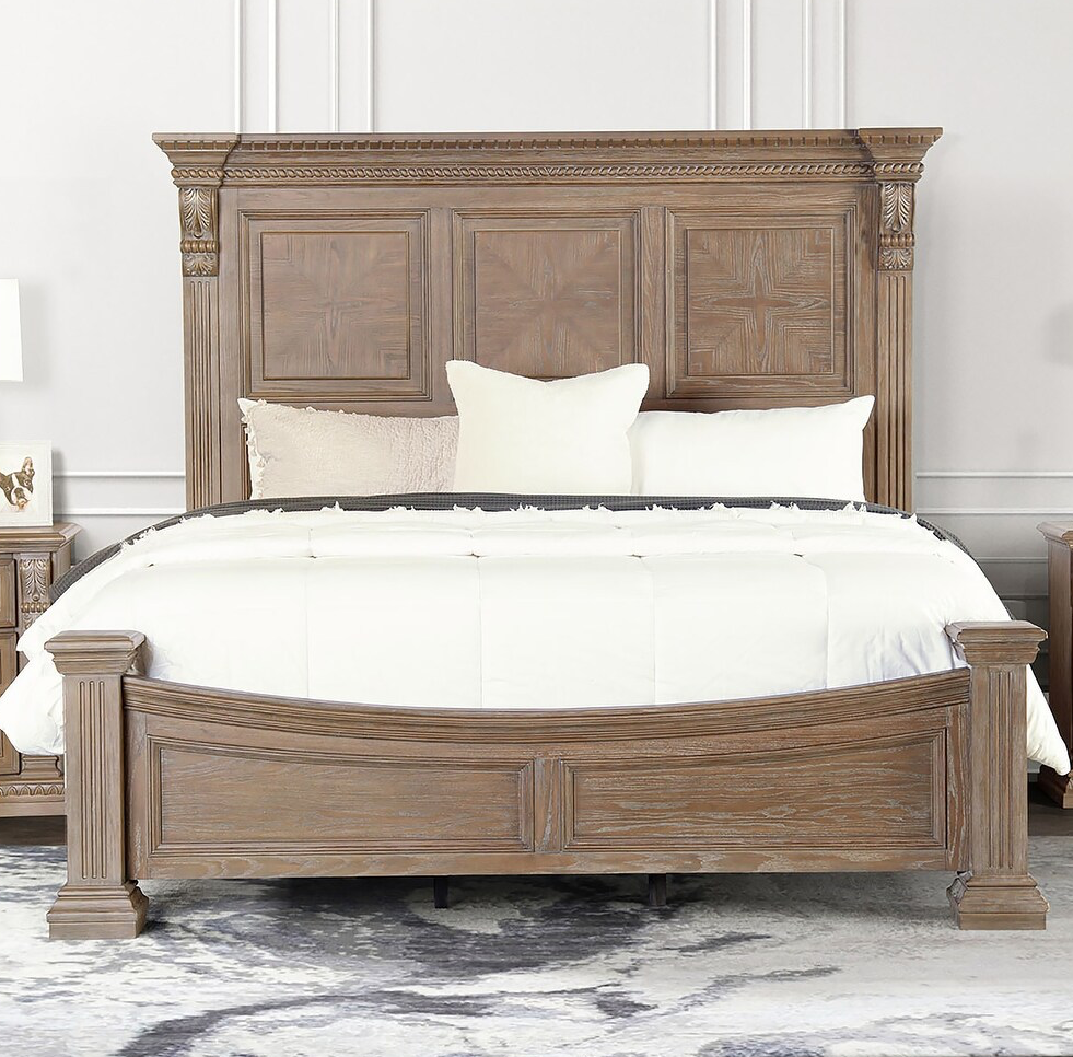 Seven Oaks Transitional Wooden Queen Bed with Dentil Molding, Weathered Oak