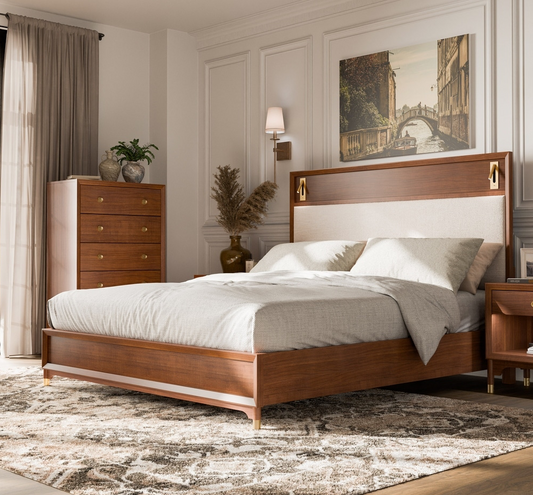 Hepburne Mid-Century Modern Panel Bed, Walnut