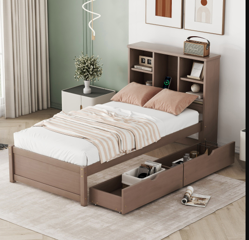 Calies Twin Platform Bed with Bookcase Headboard & Storage Drawers 3 Colors