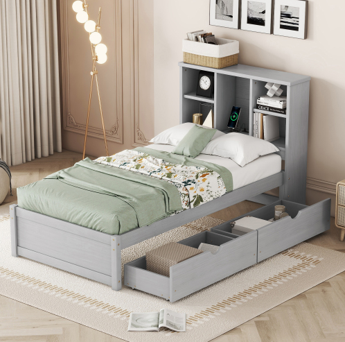 Calies Twin Platform Bed with Bookcase Headboard & Storage Drawers 3 Colors