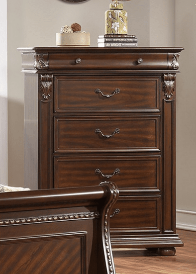 Poundex Classic and Elegant Antique Look 5 Drawer Brown Chest - F4989