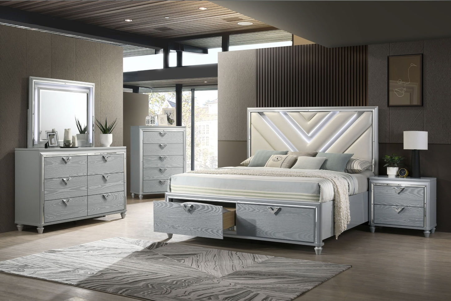 Veronica Eastern King Platform Storage Bed With Upholstered LED Headboard Light Silver