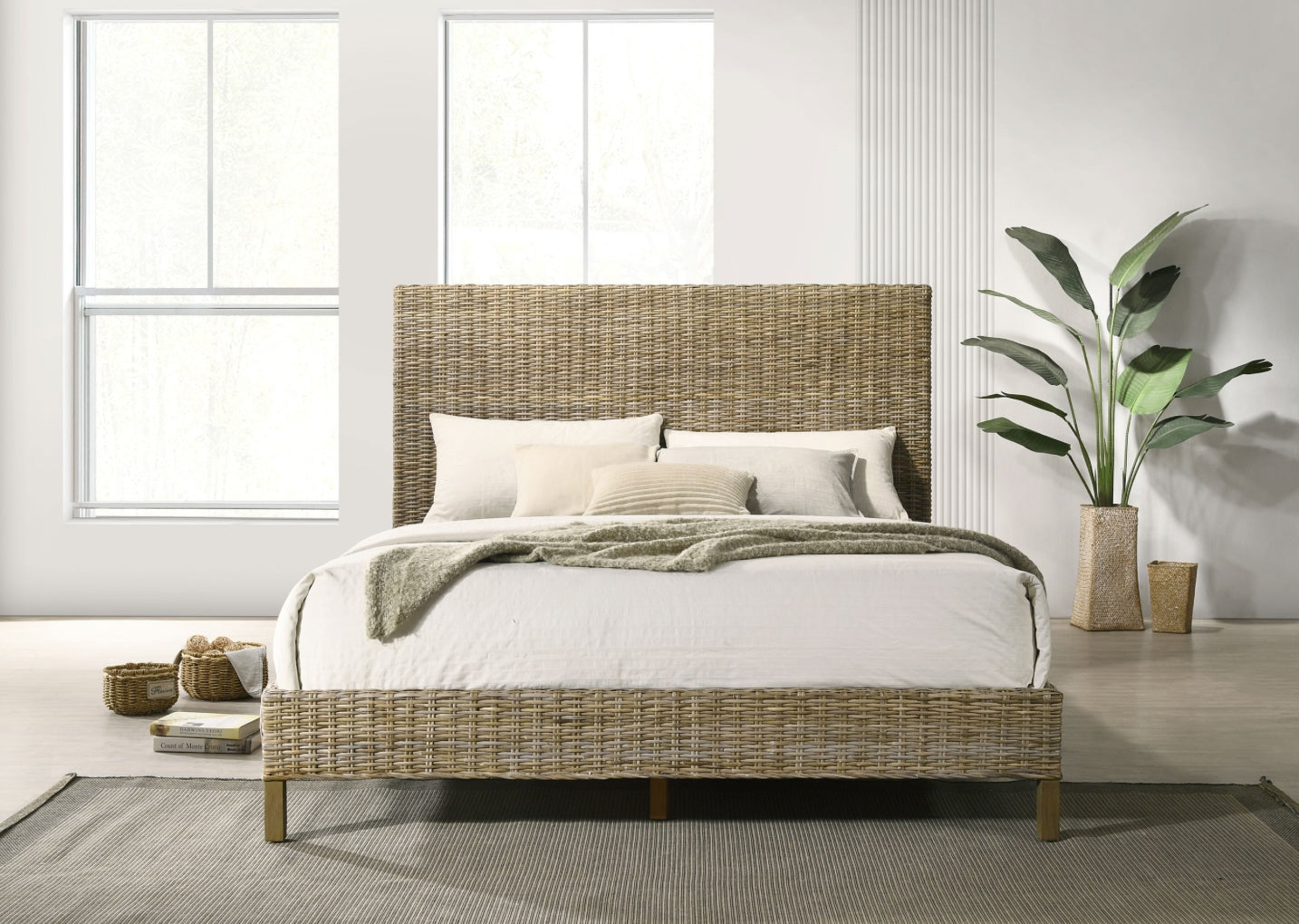 Zyla Woven Rattan Queen Panel Bed Kubu Grey