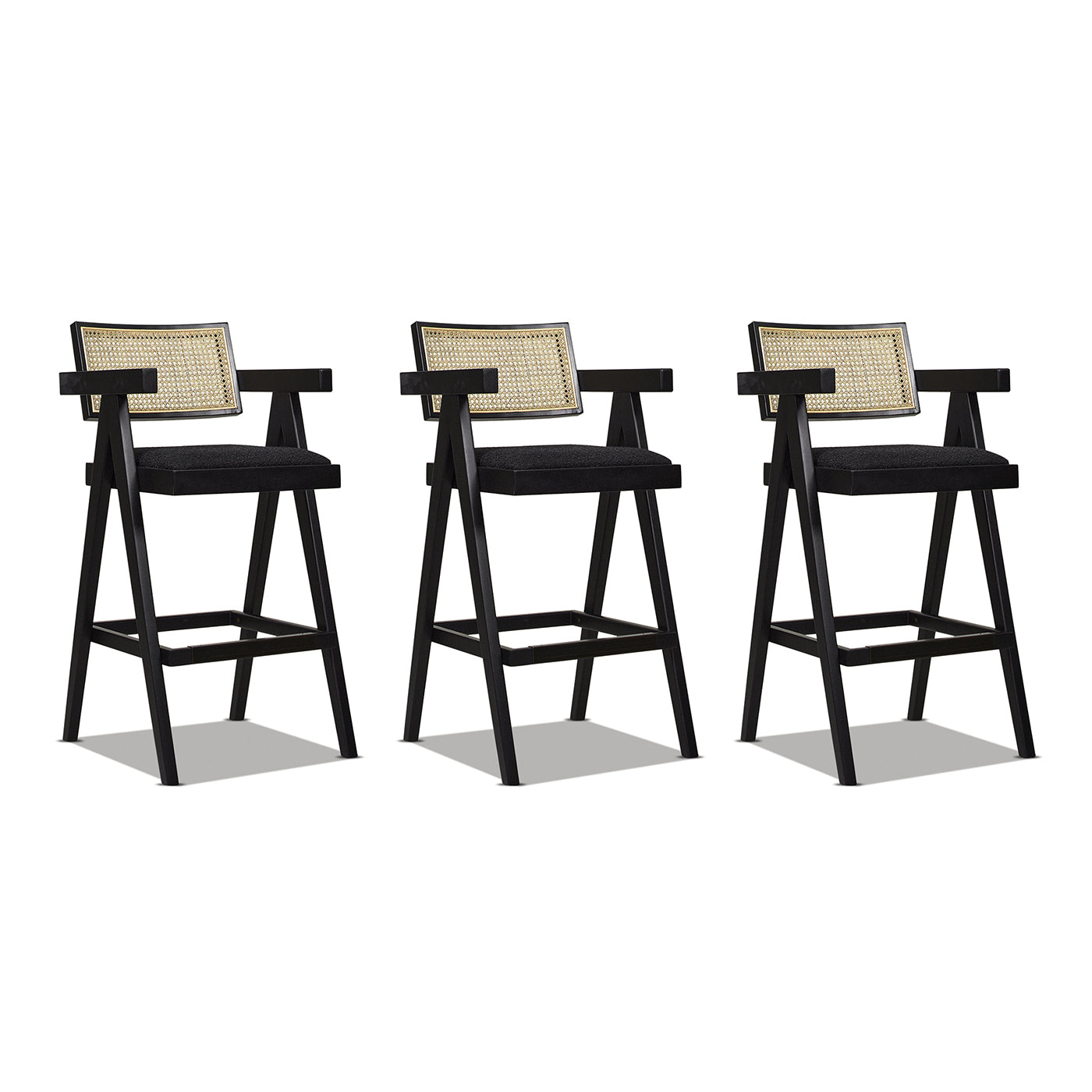 Milan 29.5' Modern Resin Webbing Back Bar Stool with Arms, Set of 3, Ebony Black Boucle