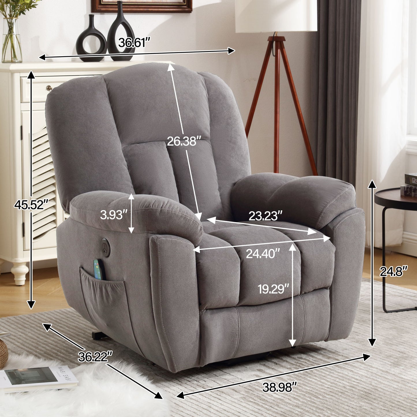 Yara Power Lift Recliner with Infinite Position, Heat, & Massage, Gray