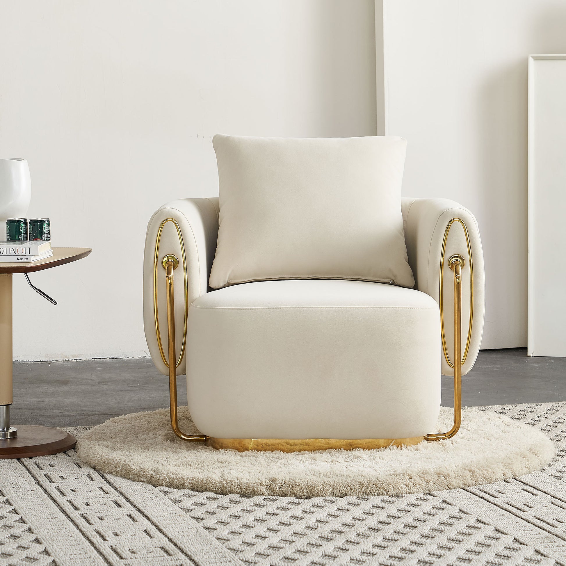 Sibyl Modern Beige Velvet Chair with Solid Wood Frame & Gold Decoration