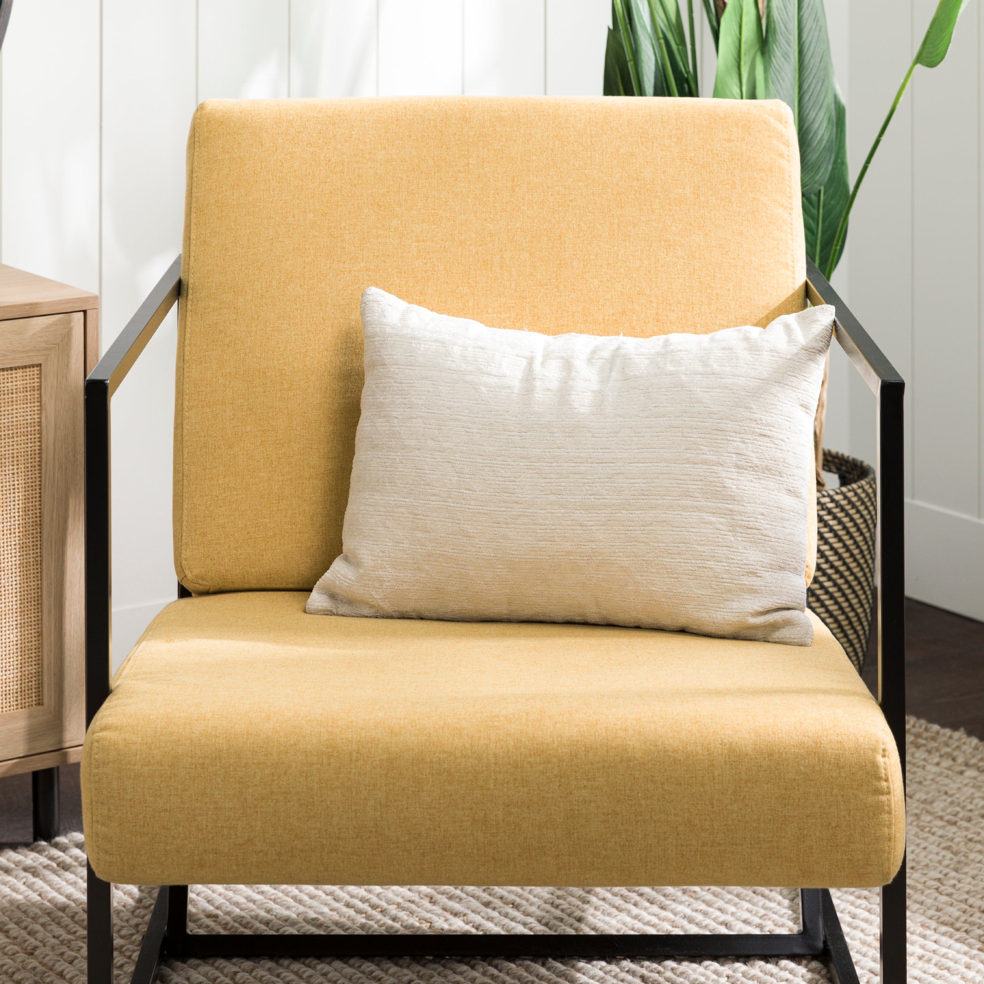 Evander Modern Upholstered Fabric Arm Chair with Metal Frame – Mustard