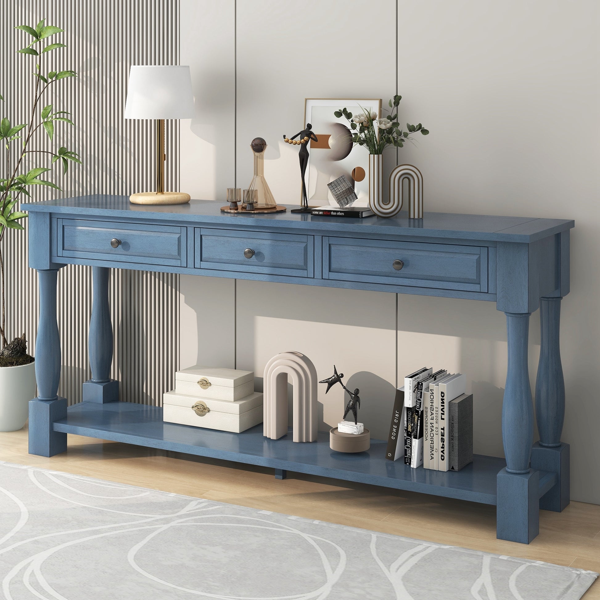 Xyla 63" Traditional 3-Drawer Console Table with Lower Shelf, Blue