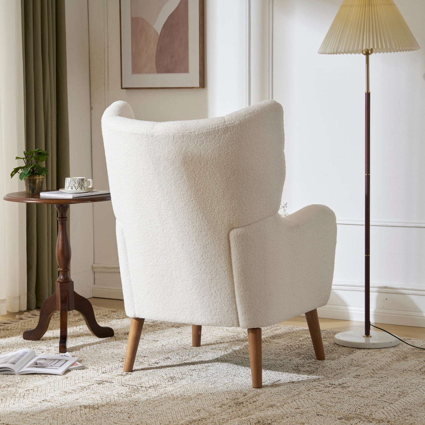 Calista Ivory White Teddy Fabric Mid-Century Accent Chair