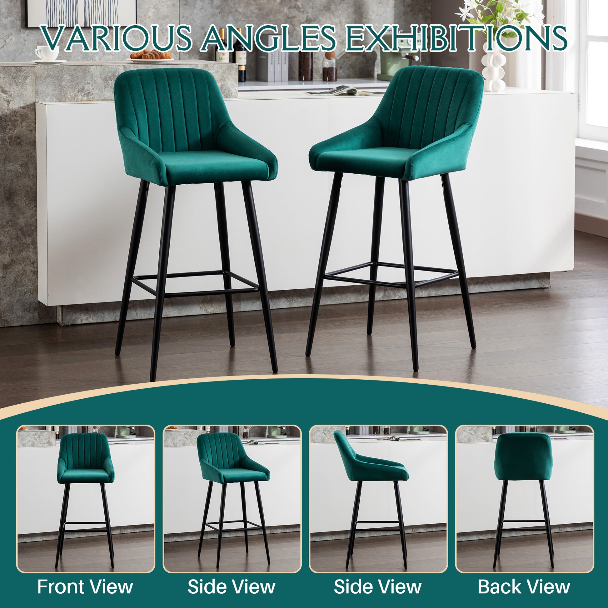 Baily Elegant Velvet Bar Stools with Black Legs Set of 2 , Green