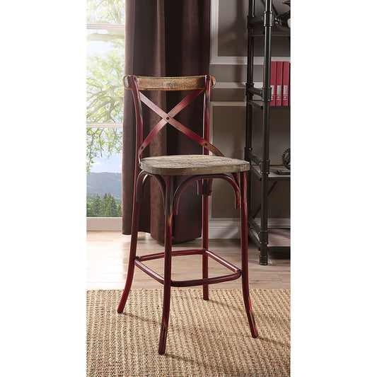 Antique Red and Antique Oak Bar Stool with Cross Back