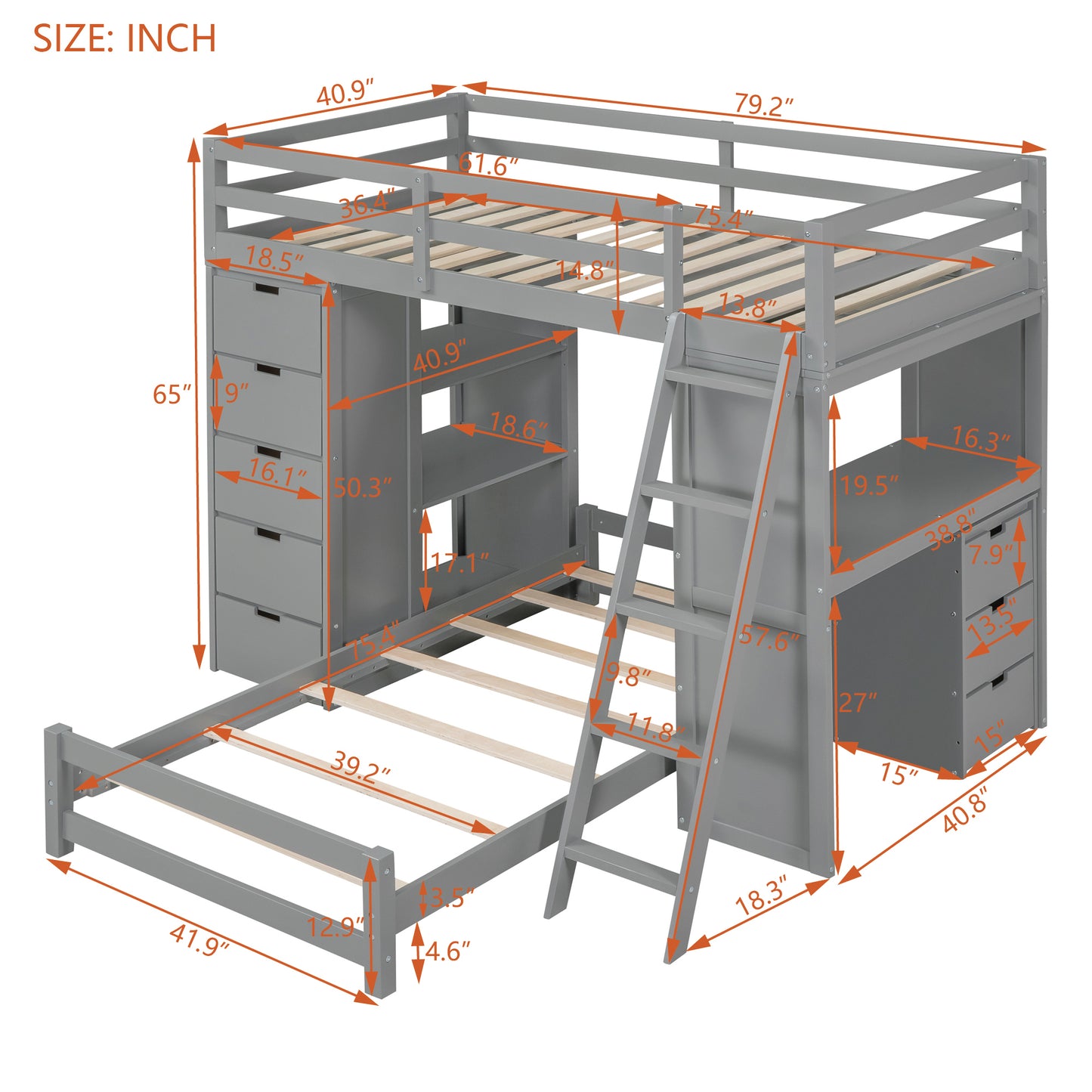 Ward Twin over Twin Bunk Bed with LED Light and USB Ports, Gray