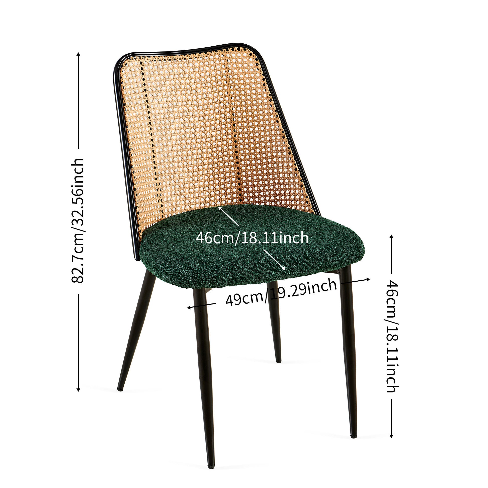 Fallon Modern Rattan Back Side Chairs with Green Boucle Seat Set of 2