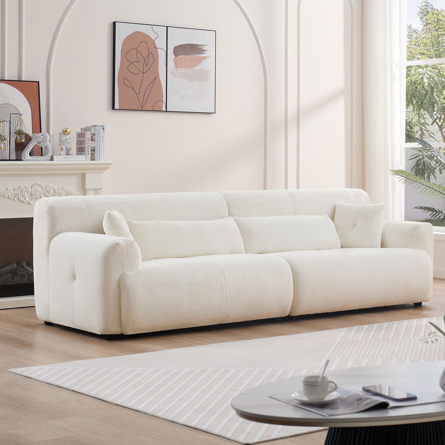 Uma 111" Modern Thick Faux Rabbit Sofa, Beige