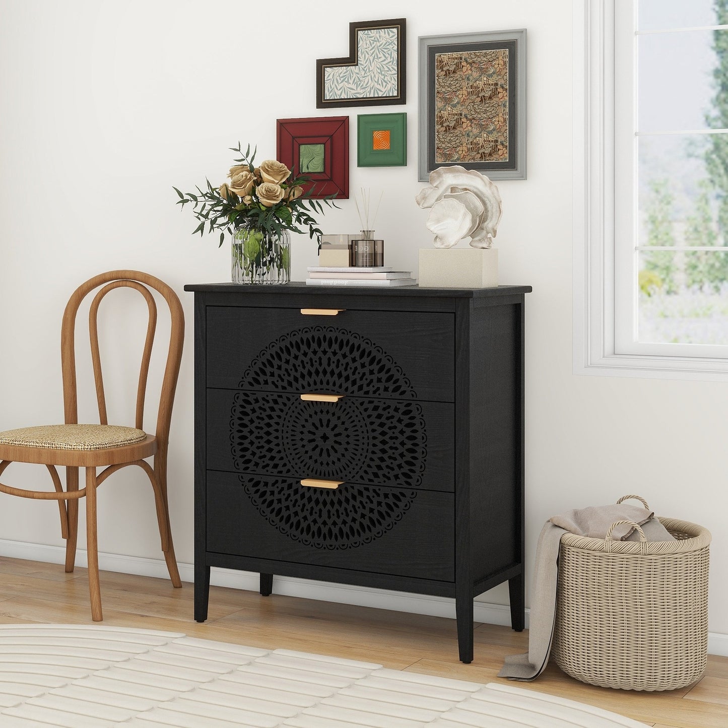 Jordan Modern 3-Drawer Hollow-Carved Accent Cabinet - Black & Gold